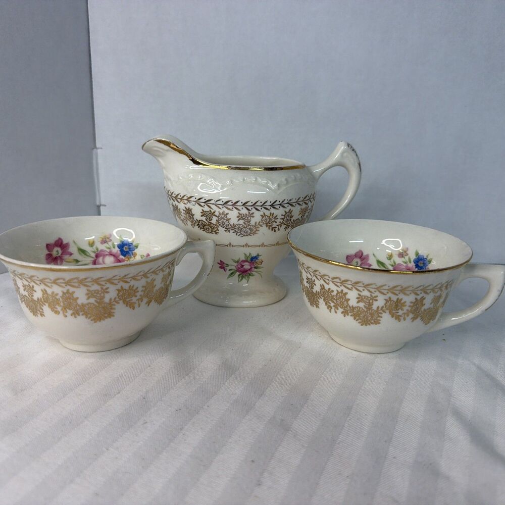 Vintage Stetson American Beauty 22KT Gold 2 Cups & Creamer Floral